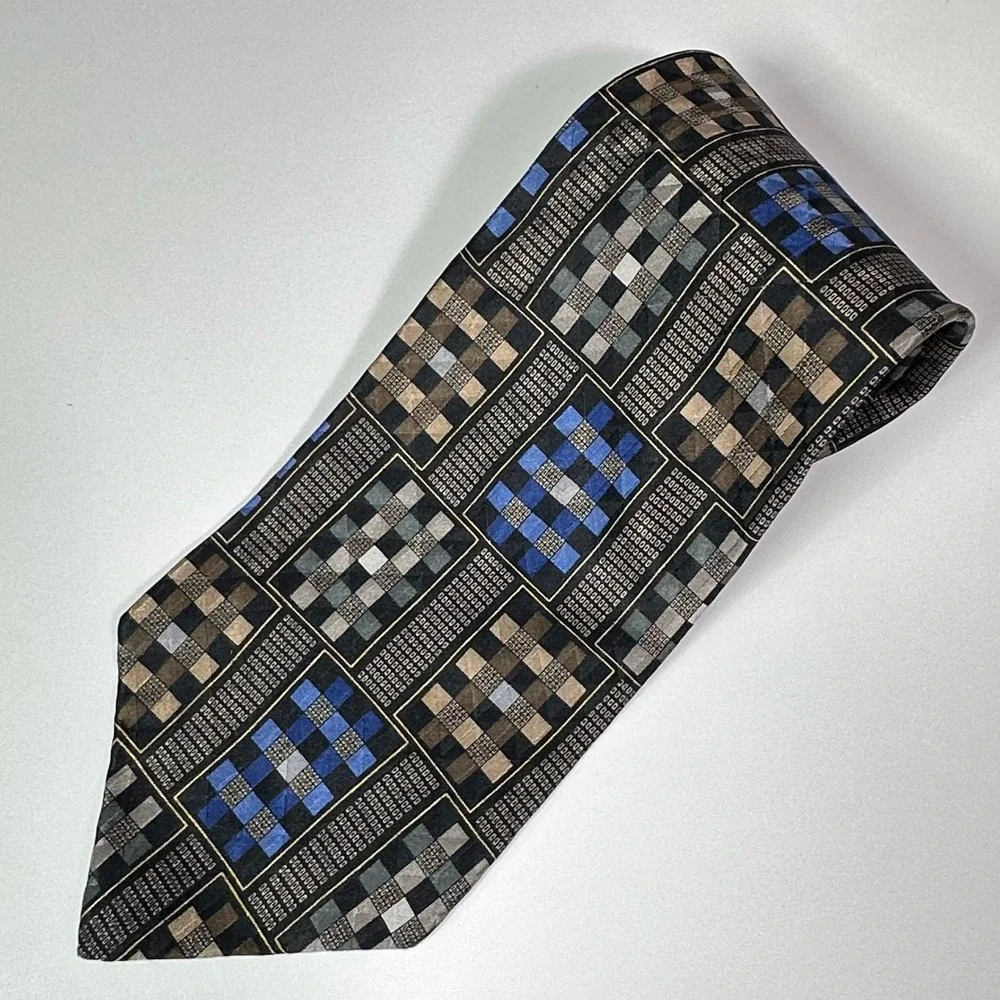 George‎ Machado Mens Silk Tie Black Blue Tan Plaid Geometric Pattern WPL 2831